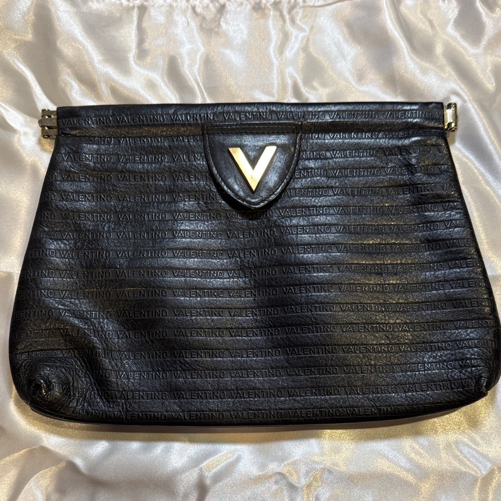 Valentino Black Logo Clutch with Gold V Detail